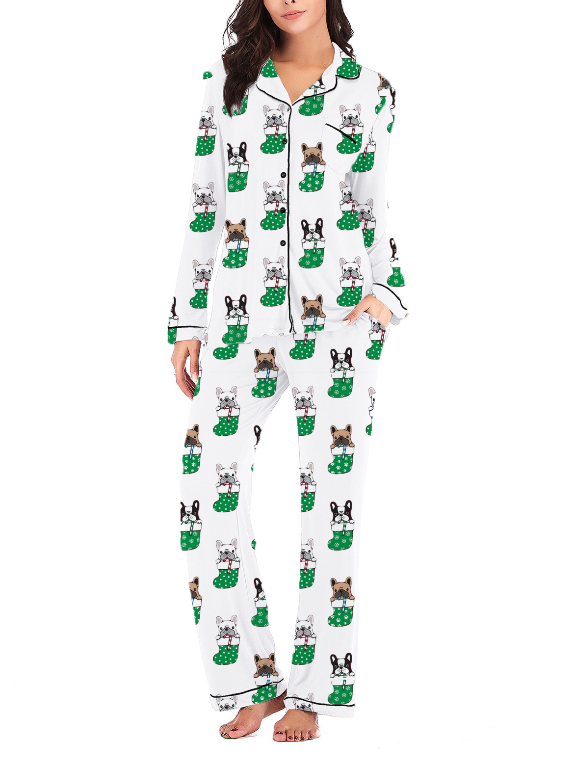 Christmas Stocking French Bulldog Silky Satin Pajama Set For Women