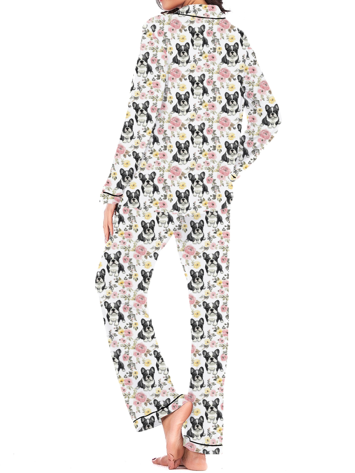 Spring Floral French Bulldog Silky Satin Pajama Set For Women