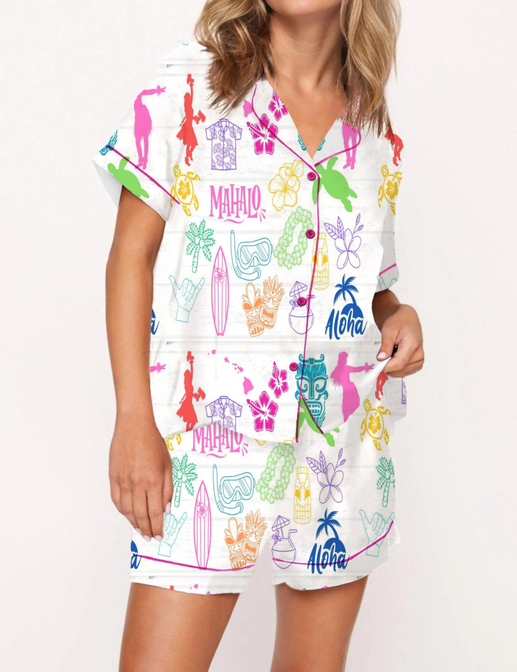 Hawaiian Silky Satin Pajama Short Set For Women