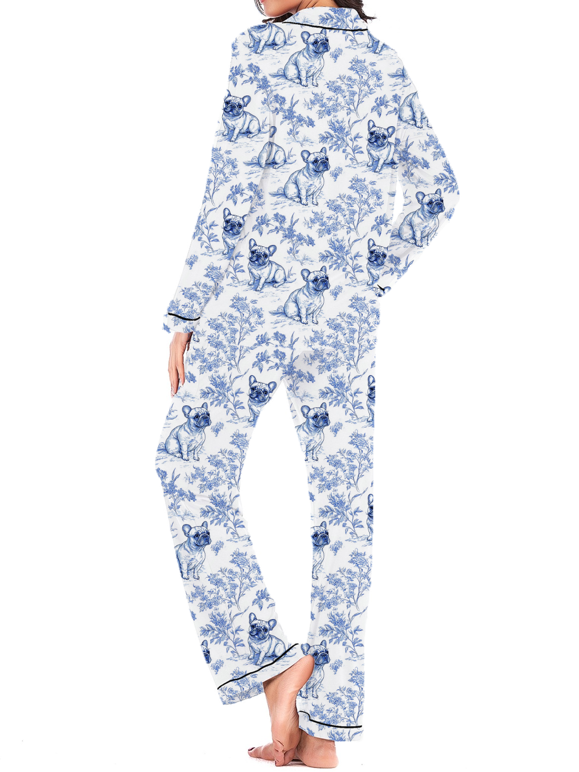 French Bulldogs Toile Silky Satin Long Pajama Set For Women