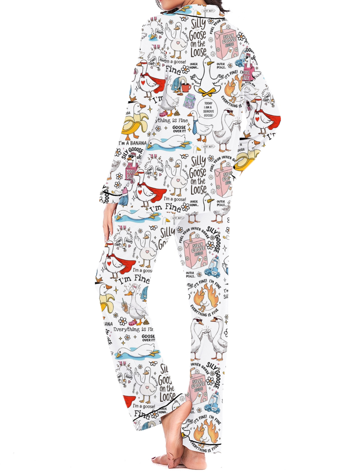 Funny Goose Toile Silky Satin Long Pajama Set For Women