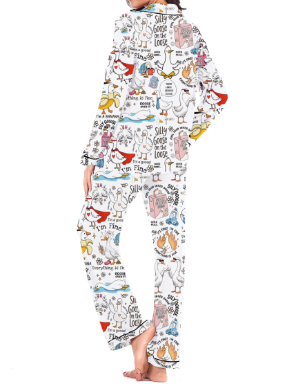 Funny Goose Toile Silky Satin Long Pajama Set For Women