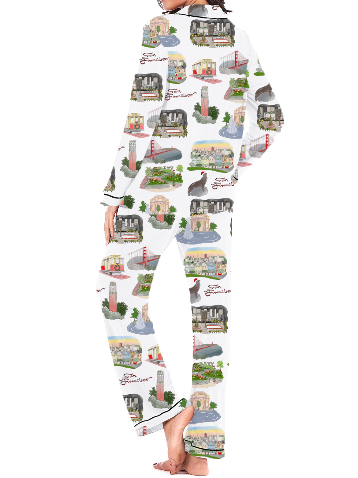 San Francisco Christmas Silky Satin Long Pajama Set For Women