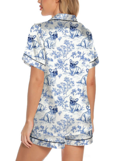 French Bulldogs Toile Silky Satin Pajama Set For Women