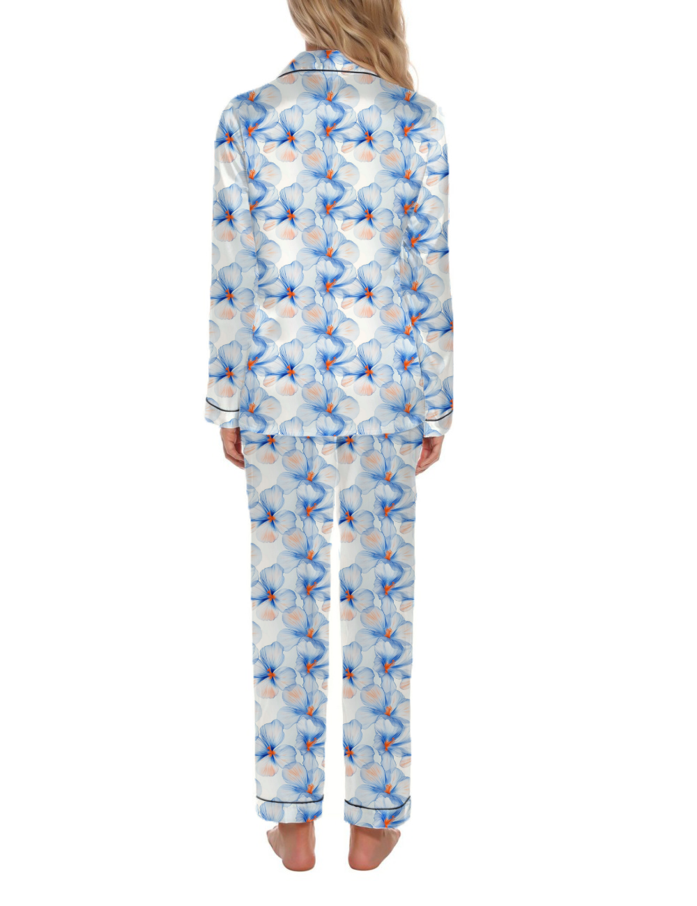 Spring Blue Orange Silky Satin Long Pajama Set For Women