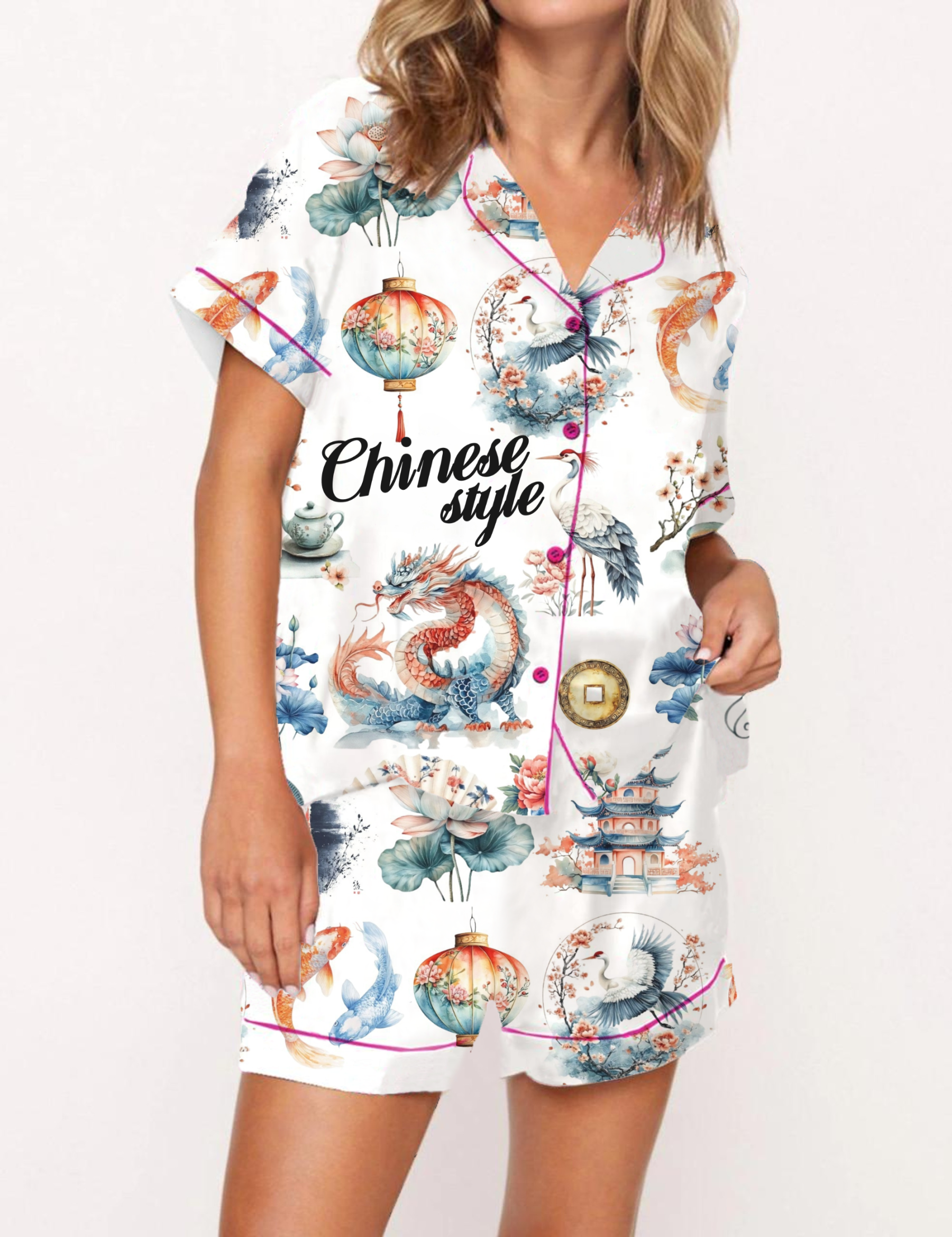 China Style Silky Satin Pajama Short Set For Women