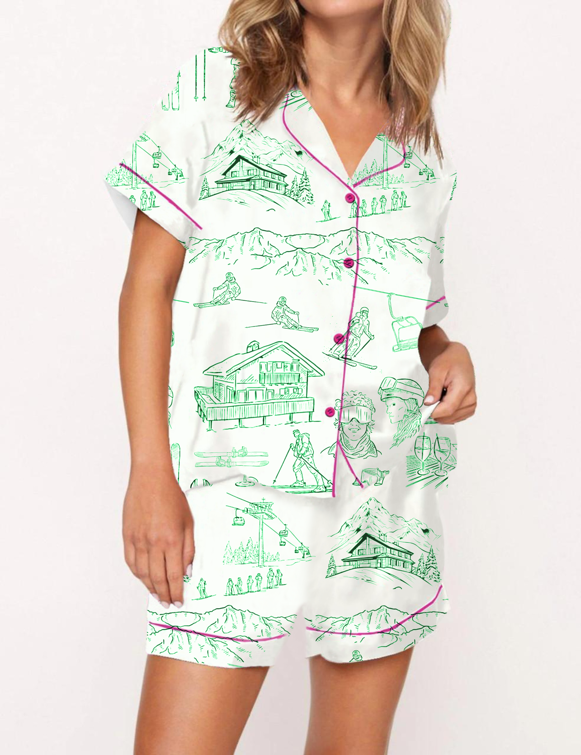 Après Ski Toile Silky Satin Pajama Short Set For Women