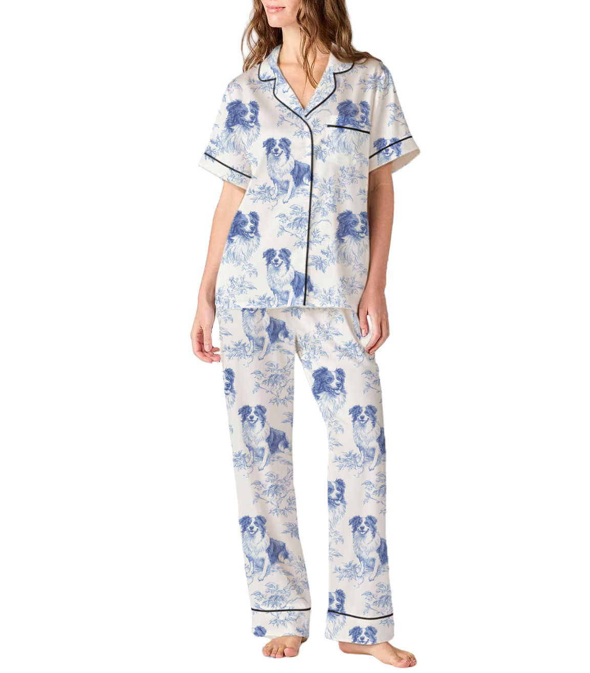 Border Collie Silky Satin Pajama Set For Women