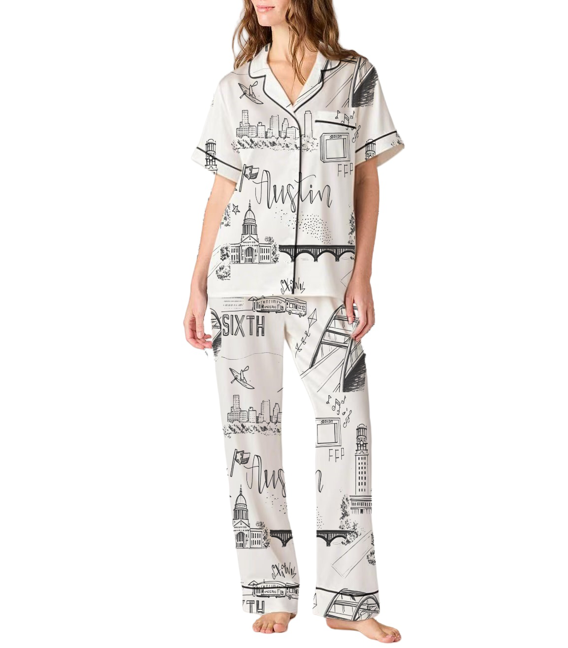 Austin Toile Silky Satin Pajama Set For Women