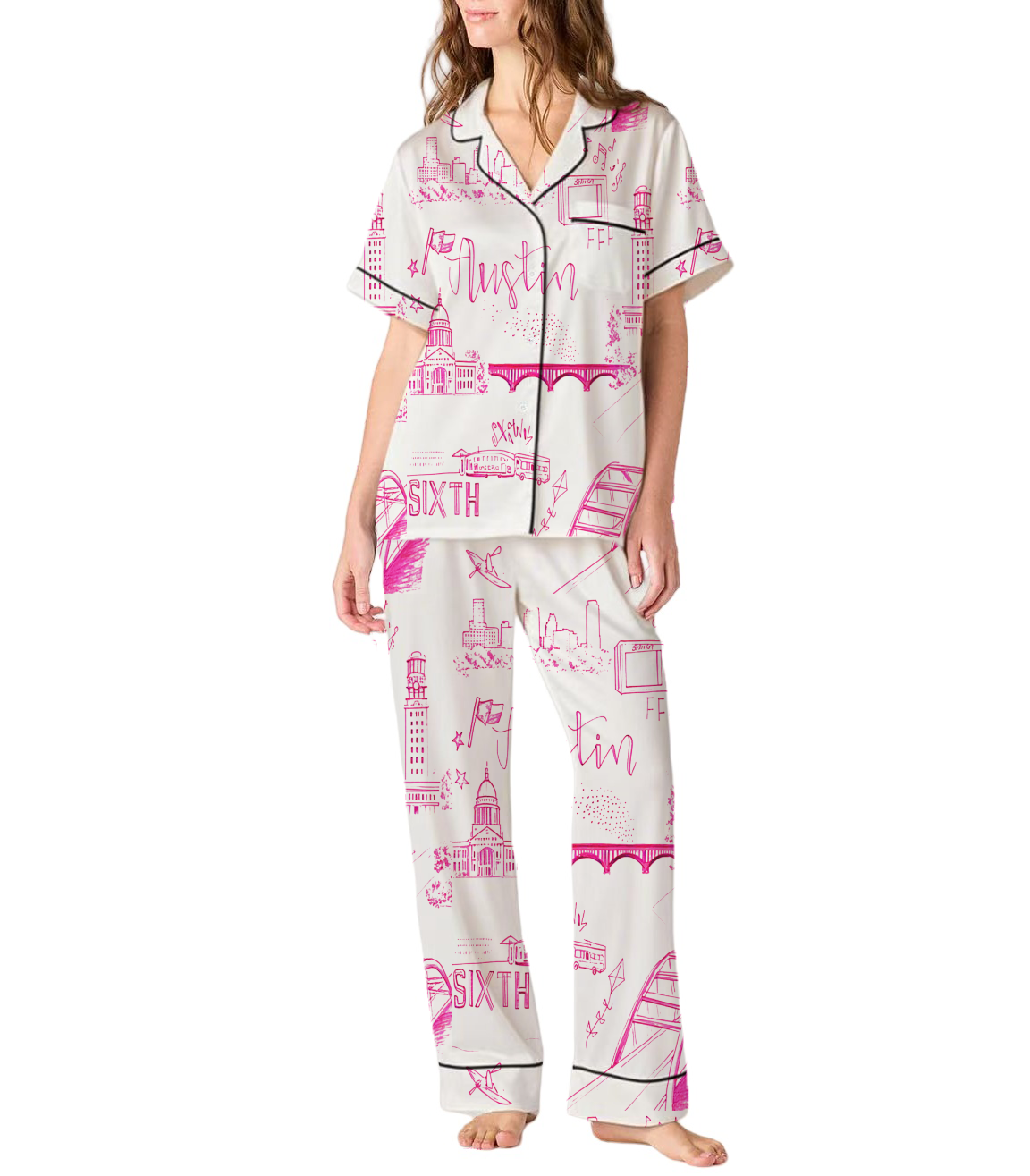 Austin Toile Silky Satin Pajama Set For Women