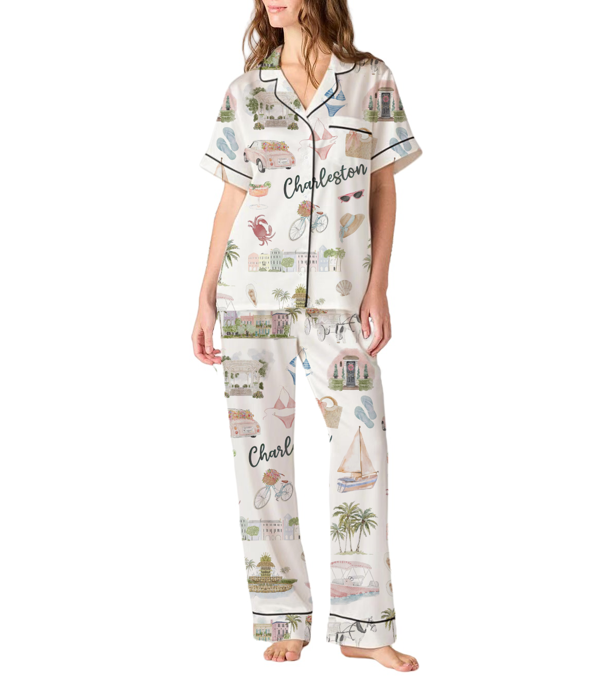 Charleston Travel Silky Satin Pajama Pants Set For Women