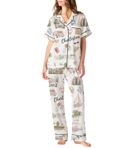 Charleston Travel Silky Satin Pajama Pants Set For Women