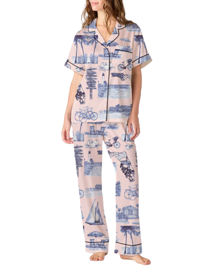 Florida Toile Silky Satin Pajama Pants Set For Women