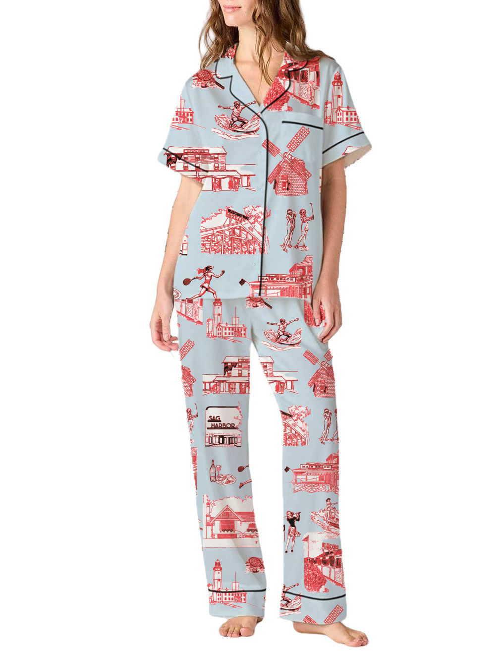 Hamptons Toile Silky Satin Pajama Pants Set For Women