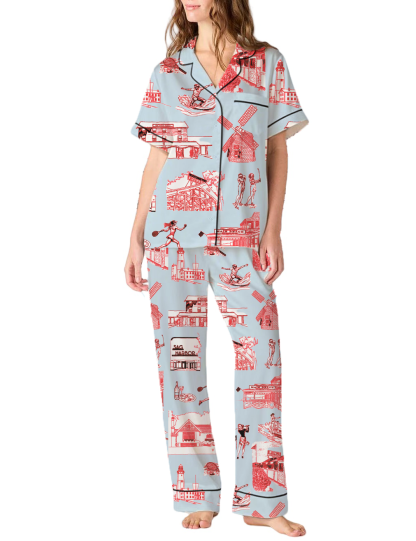 Hamptons Toile Silky Satin Pajama Pants Set For Women