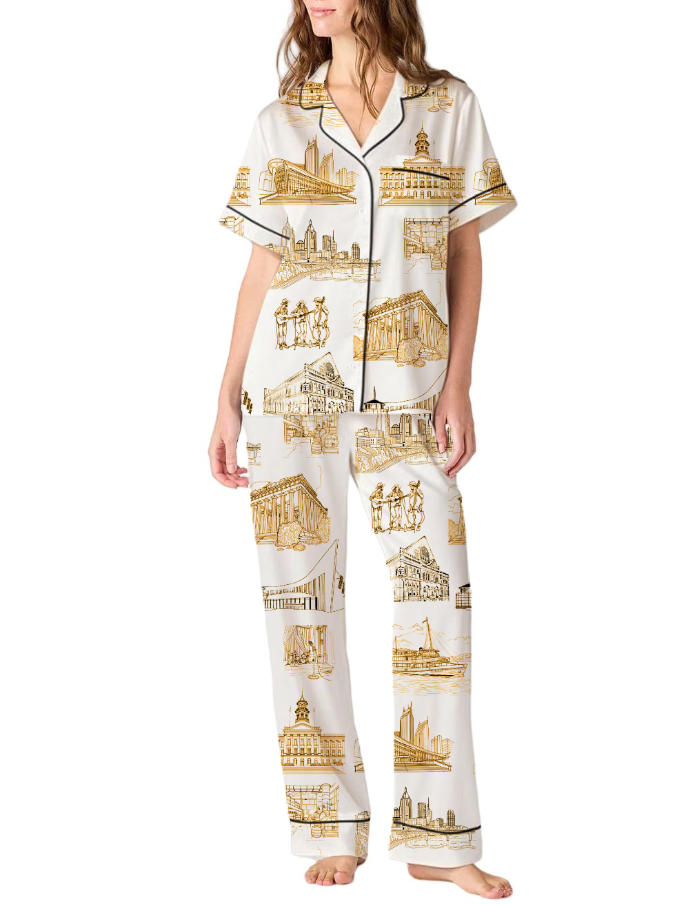 Nashville Toile Silky Satin Pajama Pants Set For Women