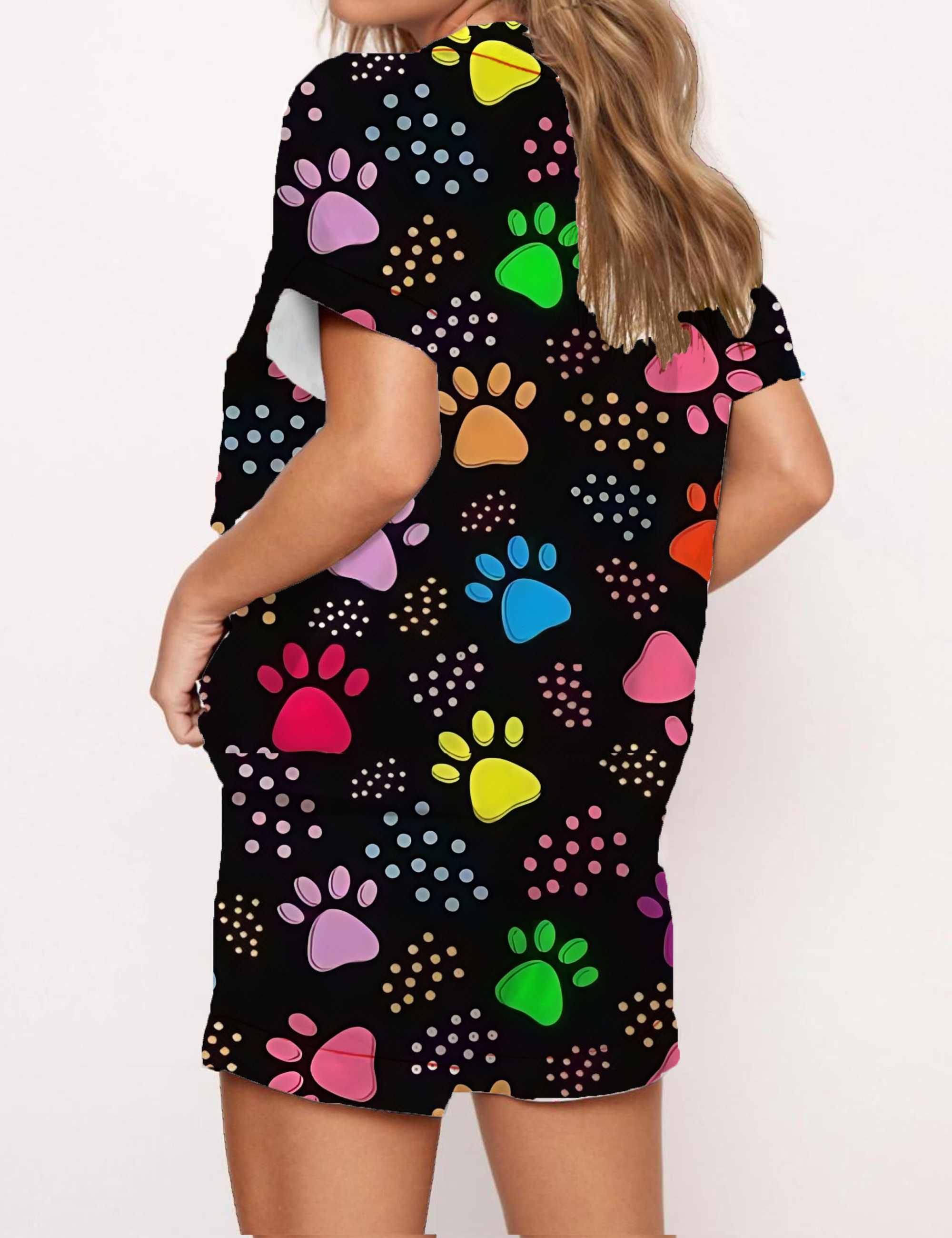 Colorful Paw Print Daily Wear Satin Pajama Short Set
