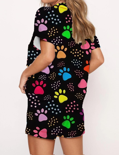 Colorful Paw Print Daily Wear Satin Pajama Short Set