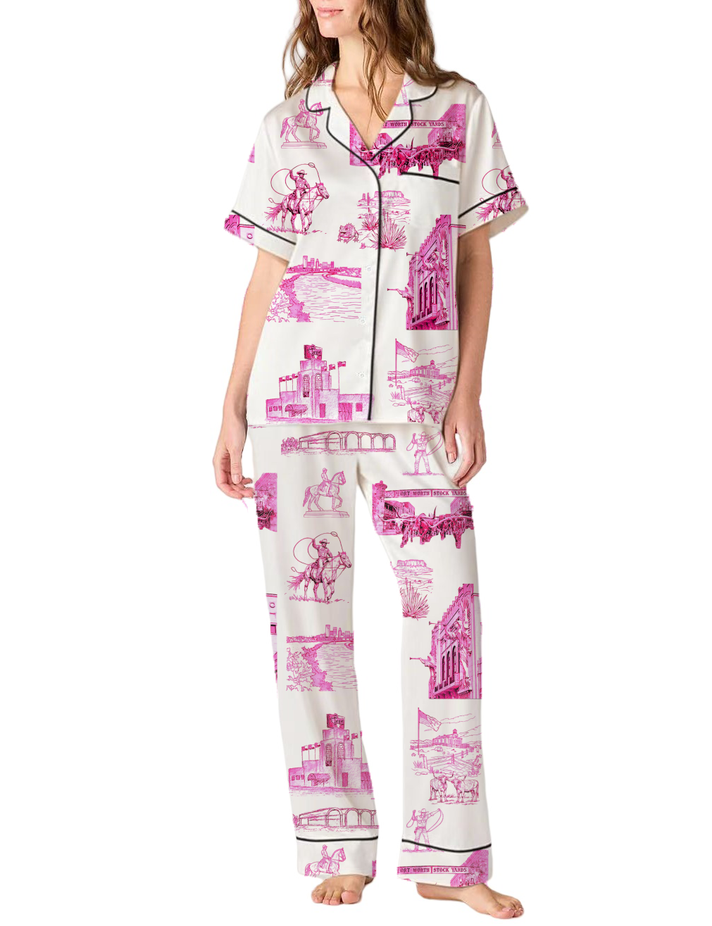Fort Worth Toile Silky Satin Pajama Pants Set For Women