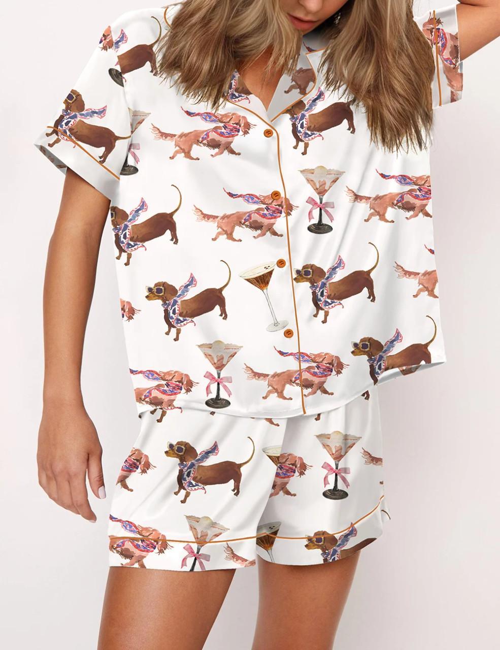 Martini Dachshund Dogs Silky Satin Pajama Set For Women
