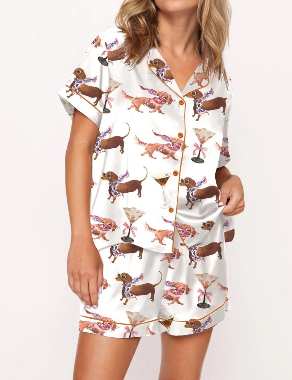 Martini Dachshund Dogs Silky Satin Pajama Set For Women