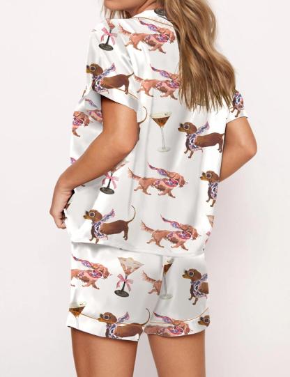 Martini Dachshund Dogs Silky Satin Pajama Set For Women