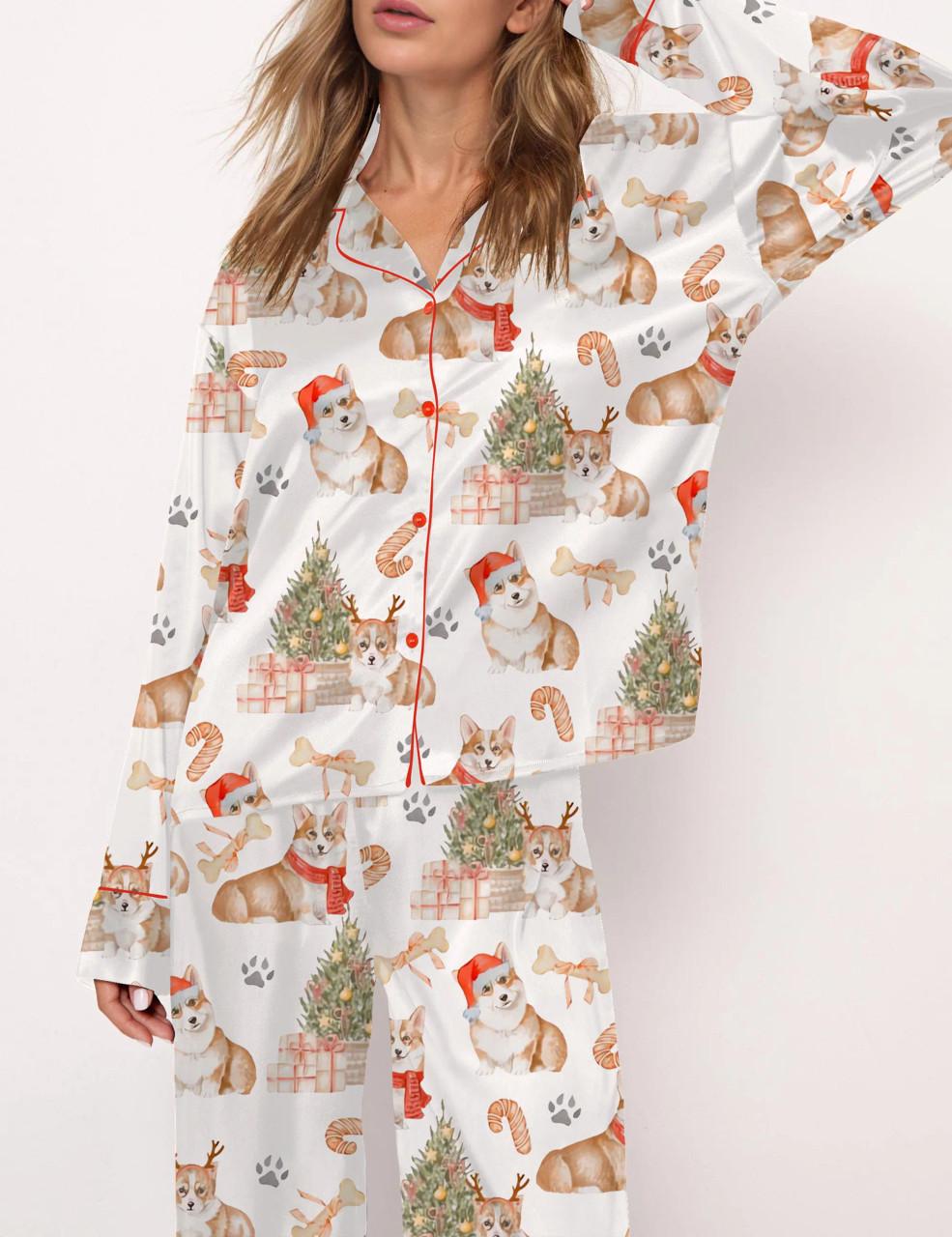 Corgi Christmas Satin Pajama Set For Women