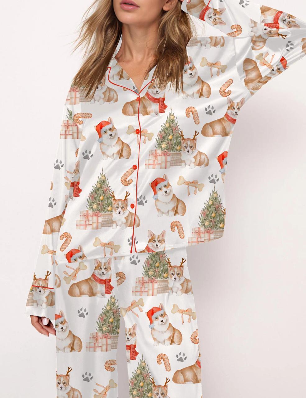 Corgi Christmas Satin Pajama Set For Women