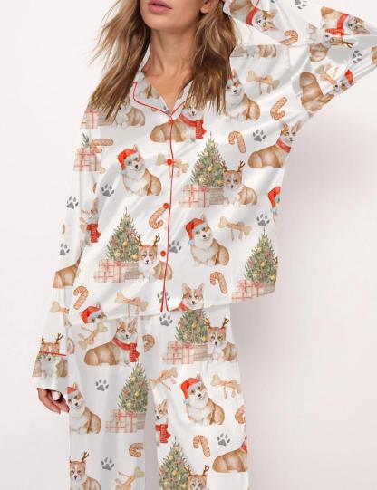 Corgi Christmas Satin Pajama Set For Women