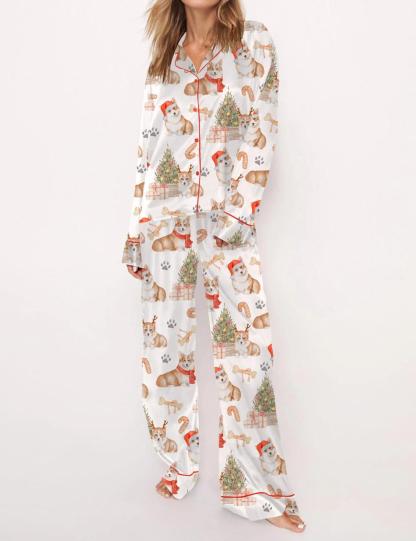 Corgi Christmas Satin Pajama Set For Women