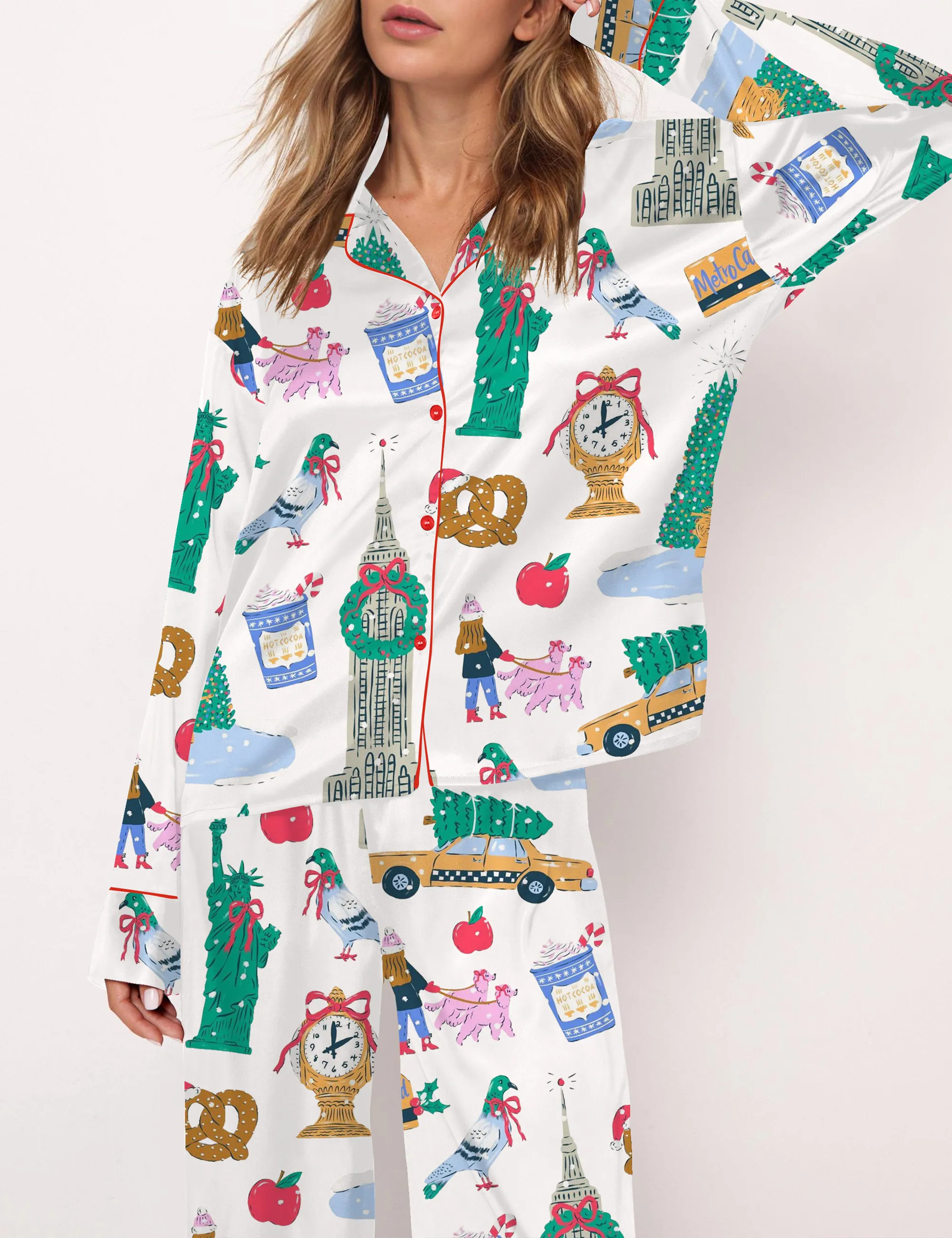 New York City Christmas Silky Satin Pajama Set For Women