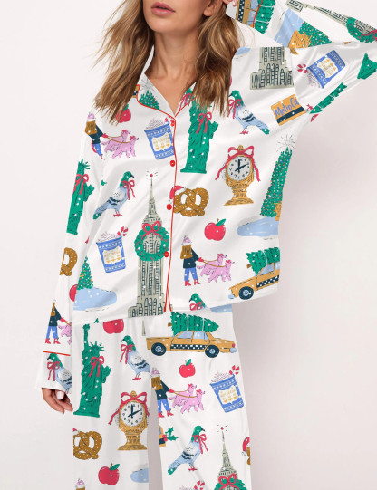 New York City Christmas Silky Satin Pajama Set For Women