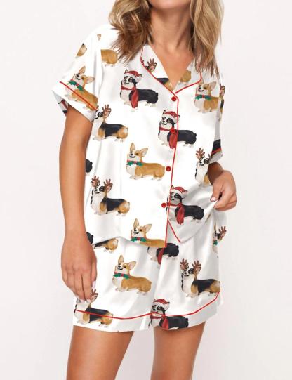 Christmas Corgi Satin Pajama Set For Women
