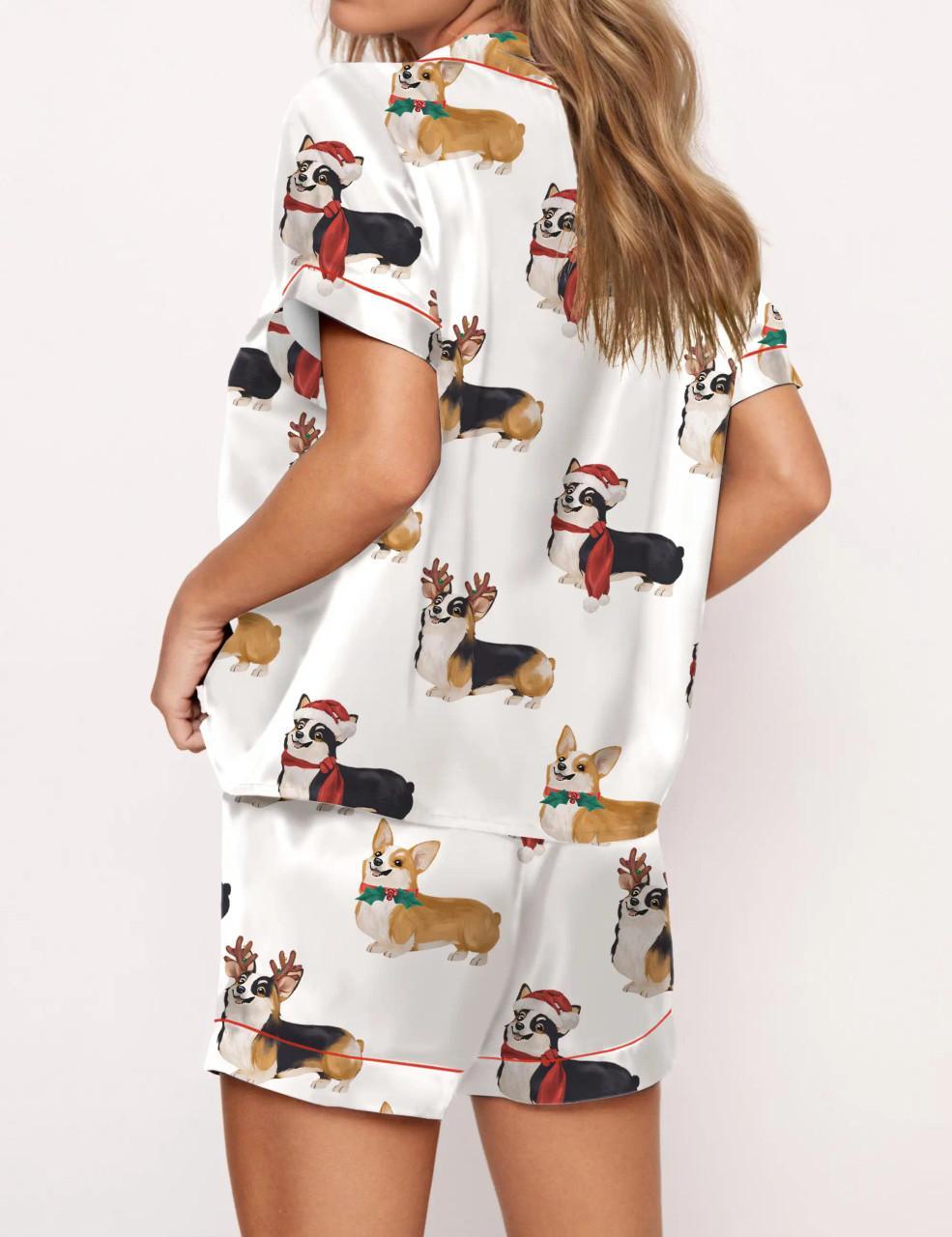 Christmas Corgi Satin Pajama Set For Women