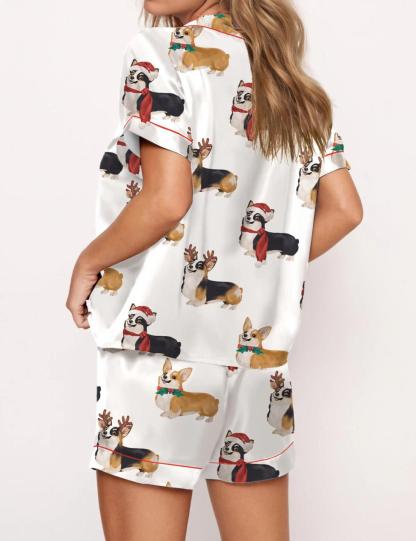 Christmas Corgi Satin Pajama Set For Women