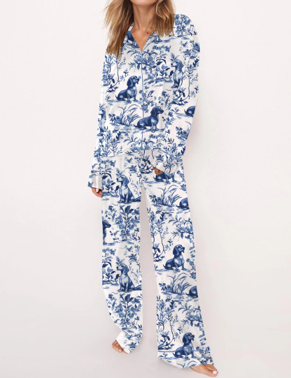 Dachshund Blue Satin Pajama Set For Women