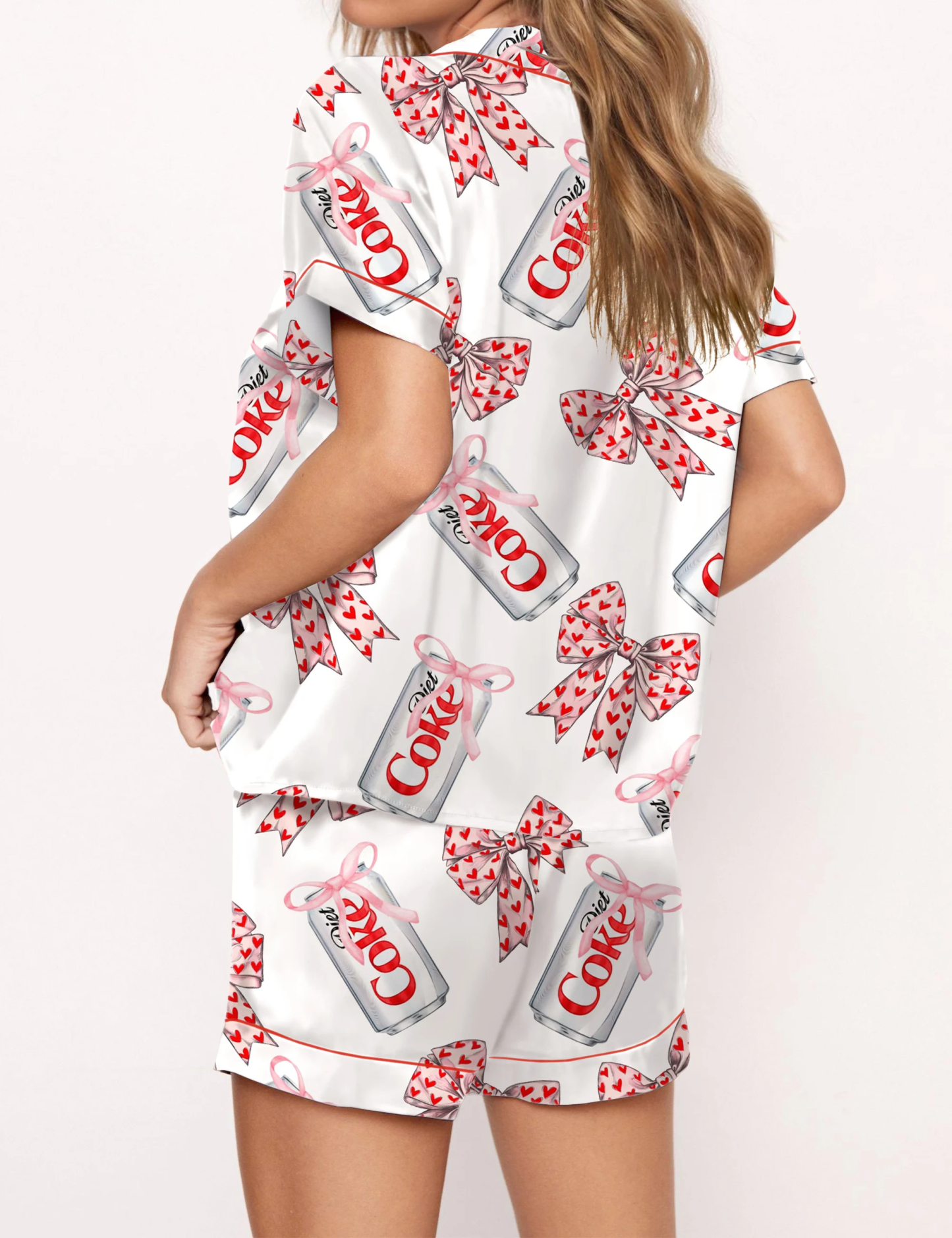 Diet Drinks Pink Bow Coquette Satin Pajama Set For Women