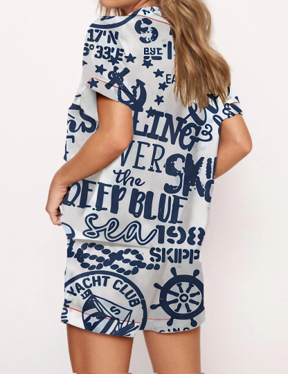 Sailing Motifs Print Satin Pajama Short Set