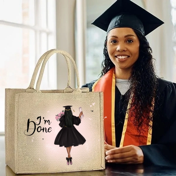 Personalized Cartoon Grad Hat Girl Initial Large Jute Tote Bag with Name Graduation Souvenir Birthday Gift for Women