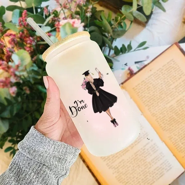 Personalized Cartoon Back Image Girl 16oz Frosted Glass Cup with Text “I‘m Done” Graduation Souvenir Birthday Gift for Women