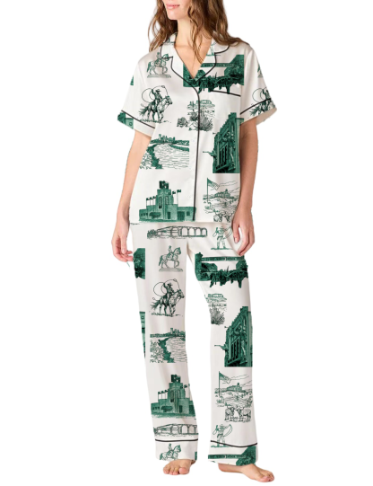 Fort Worth Toile Silky Satin Pajama Pants Set For Women