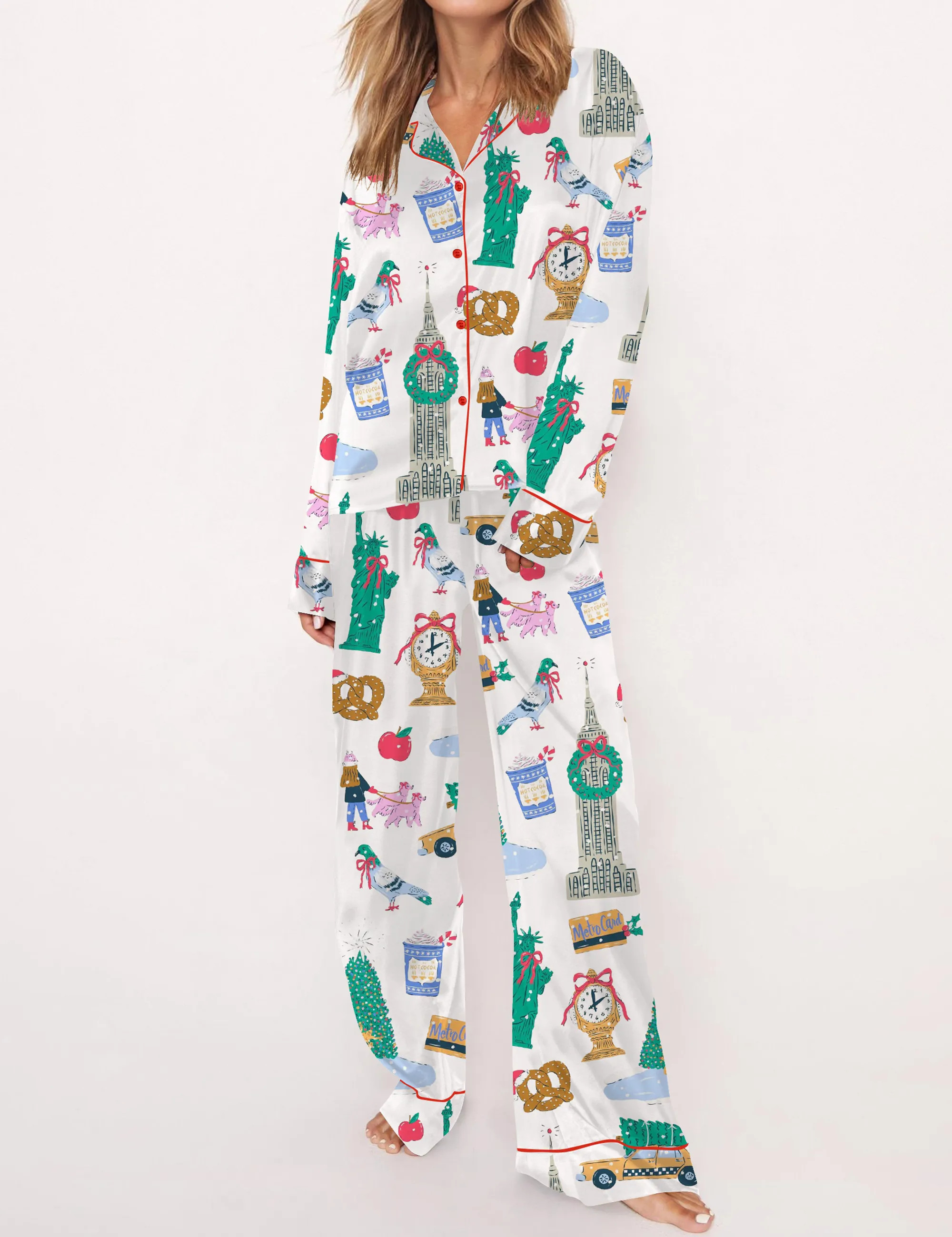 New York City Christmas Silky Satin Pajama Set For Women