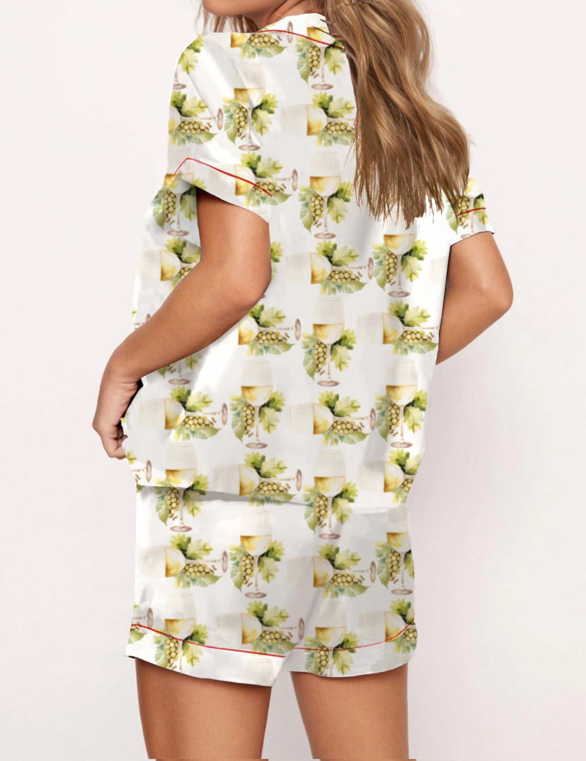 Wine Holiday Satin Pajama Short Set For Women