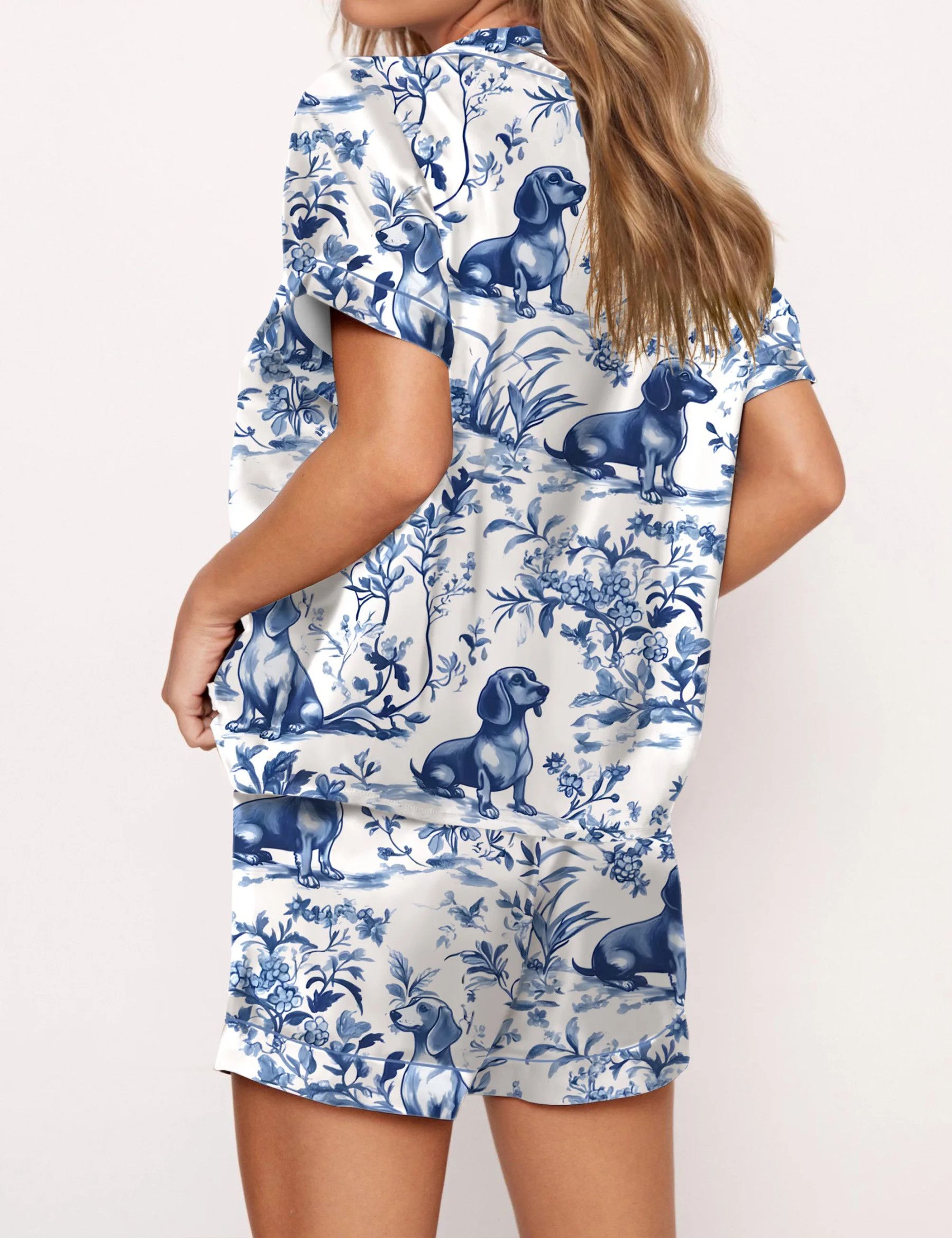 Dachshund Blue Satin Pajama Set For Women