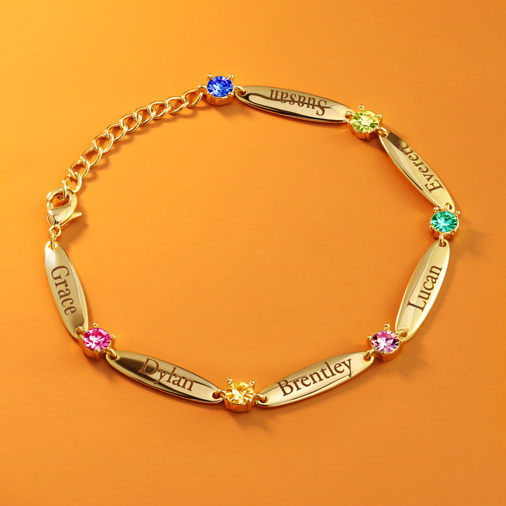 Personalized Birthstone Family Chain Bracelet with 6 Engraved Names Birthday Mother's Day Gift for Her