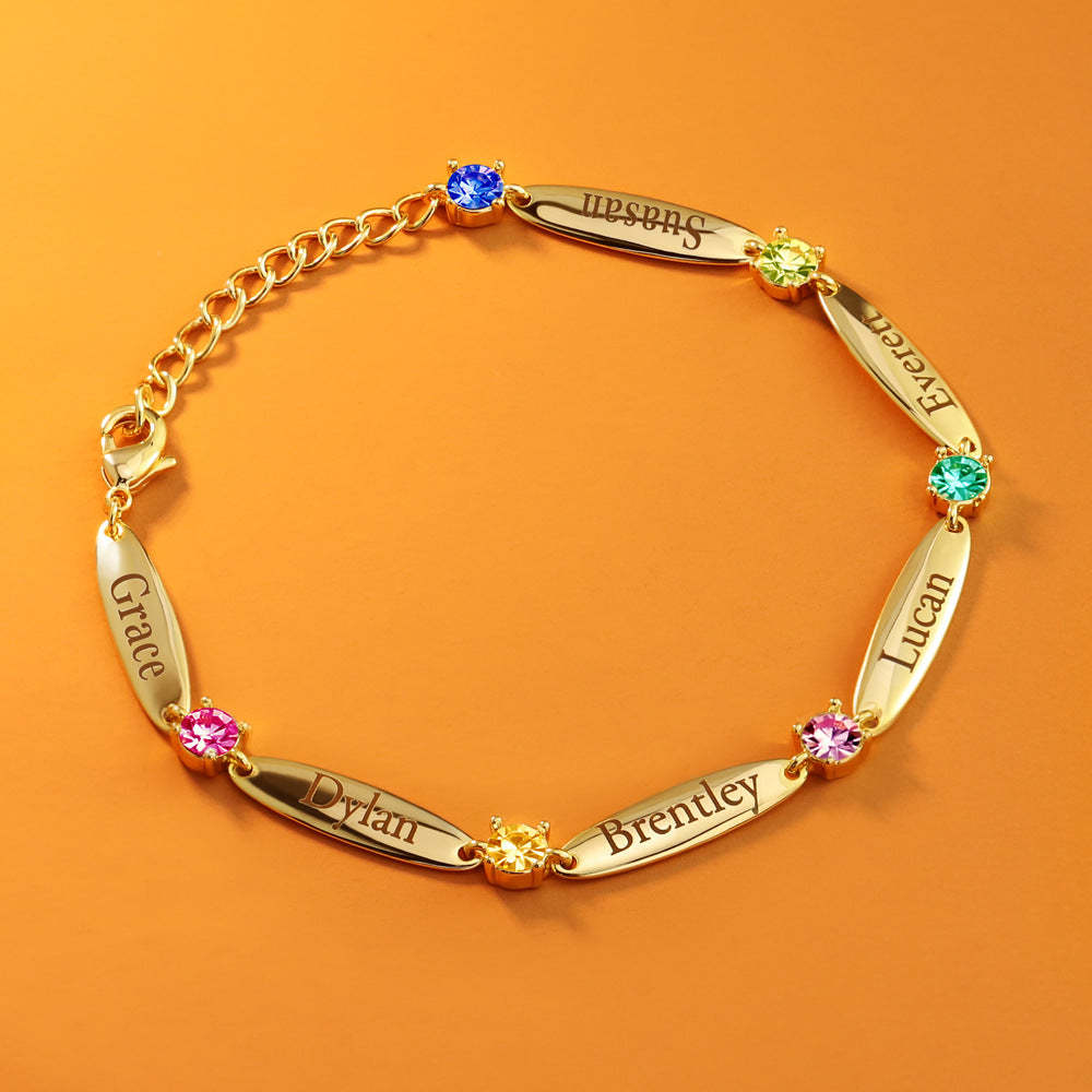Personalized Birthstone Family Chain Bracelet with 6 Engraved Names Birthday Mother's Day Gift for Her