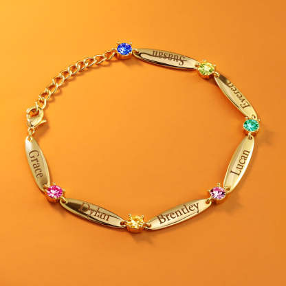 Personalized Birthstone Family Chain Bracelet with 6 Engraved Names Birthday Mother's Day Gift for Her