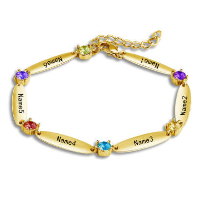 Personalized Birthstone Family Chain Bracelet with 6 Engraved Names Birthday Mother's Day Gift for Her