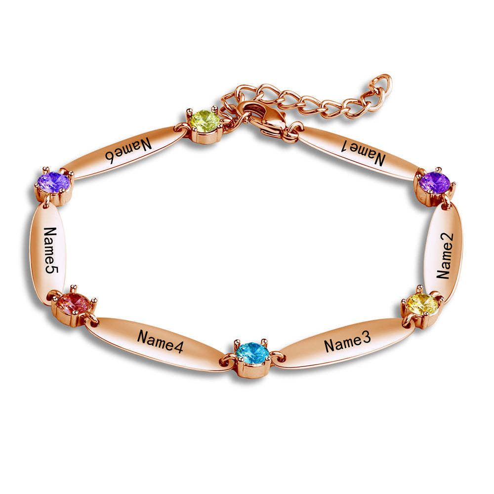 Personalized Birthstone Family Chain Bracelet with 6 Engraved Names Birthday Mother's Day Gift for Her