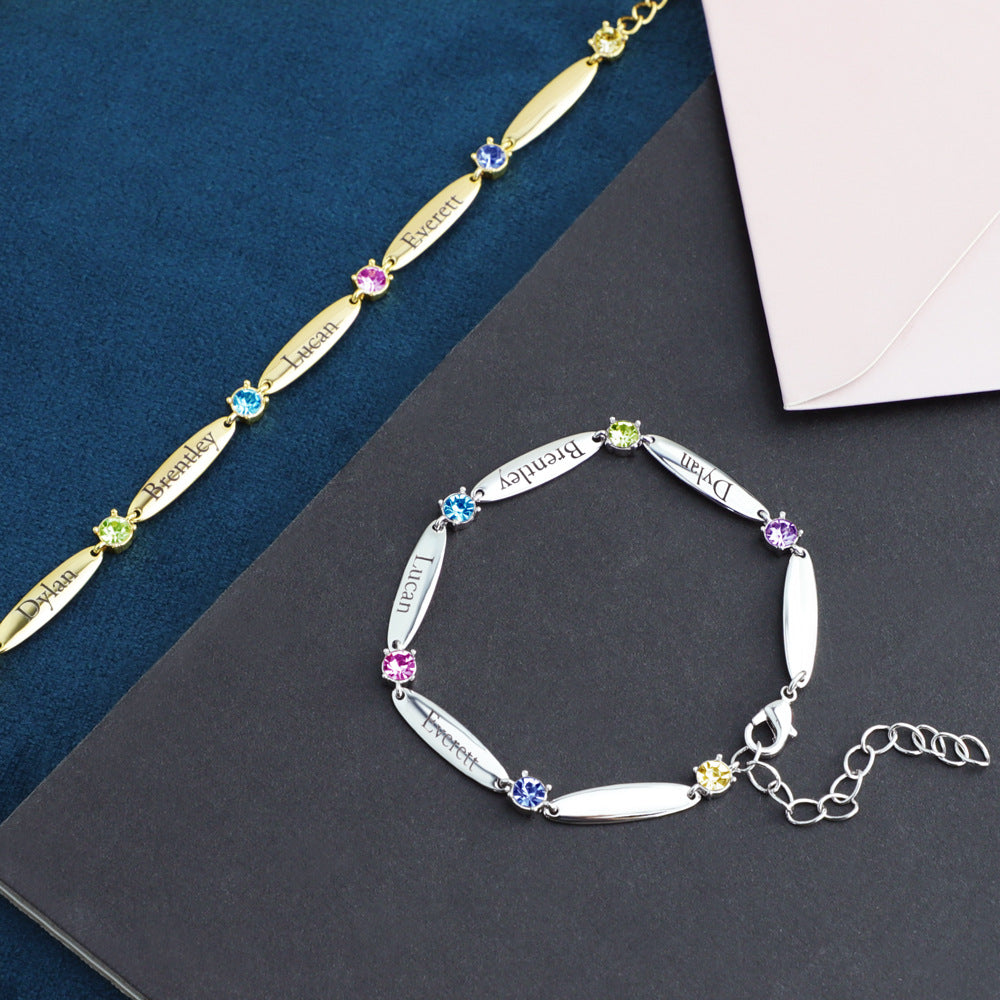Personalized Birthstone Family Chain Bracelet with 6 Engraved Names Birthday Mother's Day Gift for Her
